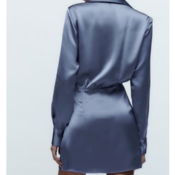 Zara Satin Mini Dress with long sleeves. New with tags XS, light blue - Picture 2 of 14